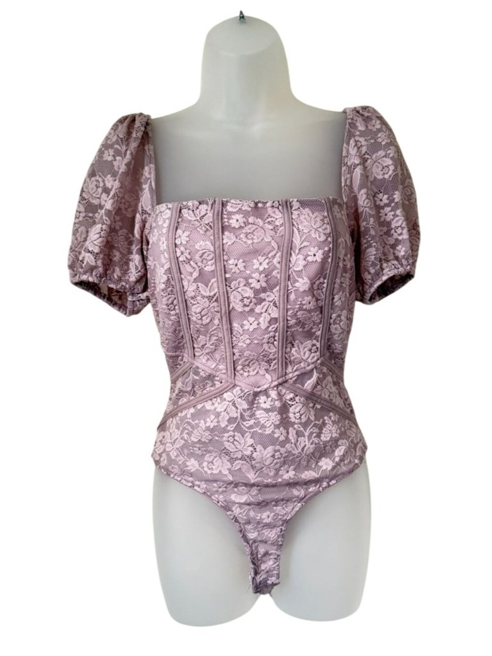 Free People Adella Mauve Lace Puff Sleeve Corset Bodysuit Womens Medium Coquette